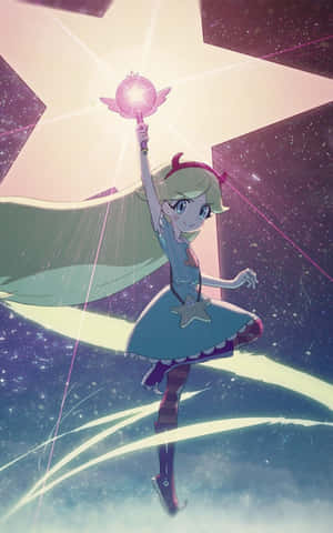 動漫女孩穿著星星裙漂浮在太空中，手持發光粉紅色魔杖。 — Pixel Tablet 壁紙