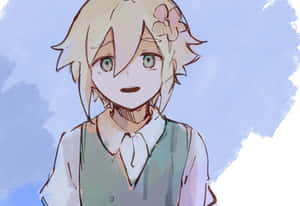 金髮粉紅花朵的動漫女孩在柔和藍色背景上微笑。 — 電玩遊戲 GIF 壁紙
