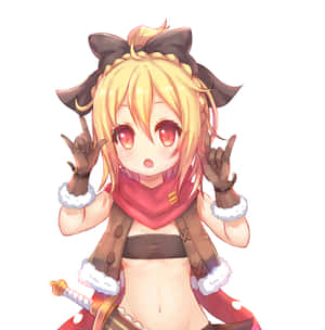 金髮紅眼的動漫女孩，手持劍，做出搖滾手勢。 — Pixel 9 Pro Fold 壁紙