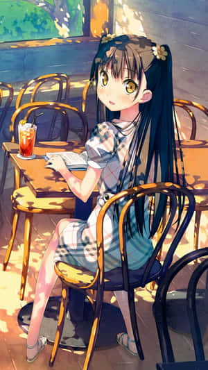 動漫女孩在陽光咖啡桌旁看書，配冰飲。 — 動漫 iPhone 壁紙