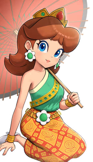 動漫公主穿著綠色和橙色服裝，手持粉紅色陽傘 — 美麗的公主 壁紙