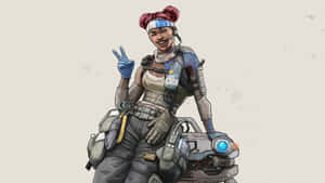 動漫女兵在機甲上比出和平手勢，笑容燦爛。 — Studio Display 壁紙