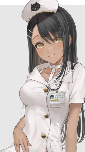 動畫護士，黑髮戴貓帽，穿著白色制服微笑。 — 長瀞 壁紙