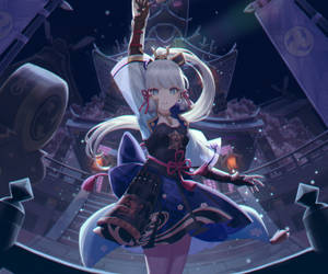 白髮鹿耳動漫女孩在夜晚閃耀的神社中跳舞。 — 電玩遊戲 GIF 壁紙