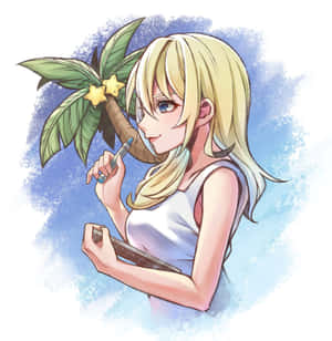 金發動漫女孩在藍色水彩背景上手持棕櫚葉和觸控筆 — Pixel 10 Pro Fold 壁紙