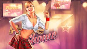 一位微笑的女性穿著白色露臍上衣和格紋裙，站在帶有「Fame OR Shame」文字的遊戲節目場景中。 — 1440p 壁紙