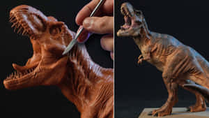特寫一隻手在完成的樹脂版本旁邊雕刻黏土T-Rex。 — 可愛的恐龍 壁紙