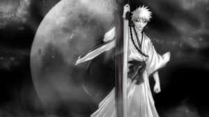 動漫戰士持劍站在太空中巨大的月亮前。 — 4K 卡通 壁紙