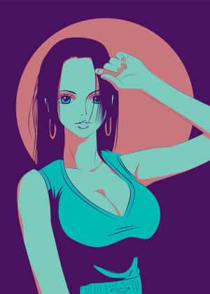 青綠色皮膚、深色頭髮的動漫女性，在紫色背景前將手靠近臉部擺姿勢。 — iPad (A16) 壁紙