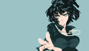 黑髮綠眼的動漫女性穿著黑色連衣裙和珍珠項鍊伸出手。 — 不思議遊戯 壁紙