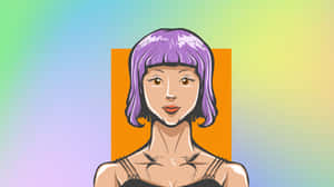 紫色頭髮和鳥紋身的動漫女性，背景為彩色漸變。 — 彩虹美學 壁紙