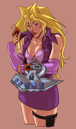 穿著紫色服裝的動漫女性將一張卡片放在老虎機上方。 — Galaxy Tab A 壁紙