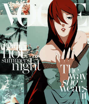 動漫紅髮女性在帶有熱帶場景的Vogue雜誌封面拼貼上。 — 小米 Mix Flip 2 壁紙