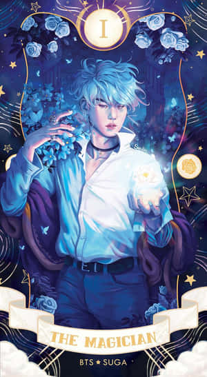 BTS Suga 作為魔術師的動漫塔羅牌，帶有發光球體和花卉星星。 — 可愛的防彈少年團 壁紙