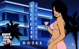 夜晚，穿著粉紅色比基尼的女性在Vice City Hotel標誌附近手持雞尾酒。 — 電玩遊戲 GIF 壁紙