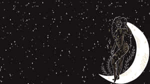 一位捲髮女性站在新月上，星空夜空下。 — 山坡 壁紙