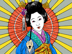藝妓穿著彩色和服，在太陽光背景下拿著紅扇 — 日式藝術 壁紙