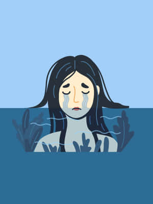 一位女性在水下哭泣，淚水流向藍色水中。 — 酷 壁紙