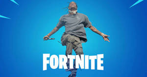 饒舌歌手在半空中，藍色背景，Fortnite標誌 — Off white 標誌 壁紙
