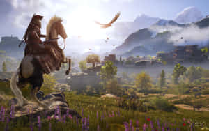 戰士騎馬俯瞰霧氣瀰漫的山村日出 — 電玩遊戲 GIF 壁紙
