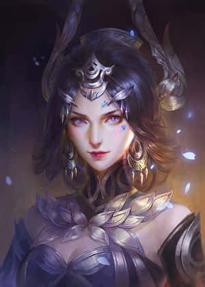 身著華麗銀色盔甲的奇幻女性，發光的花瓣在她周圍飄浮。 — 美麗的動畫 壁紙