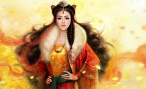 一位穿著傳統皇室服飾的女性，飄逸的頭髮和金色背景。 — 女孩 壁紙