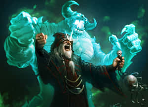 一位巫師在黑暗奇幻戰鬥場景中召喚一個發光的冰魔像。 — 魔法動圖 壁紙