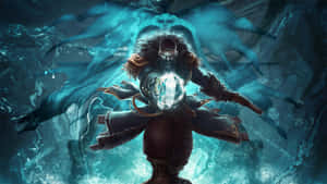 鬍鬚戰士在水下引導發光的藍色魔法，被幽靈般的人物包圍。 — 電玩遊戲 GIF 壁紙