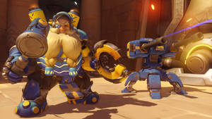 矮人戰士與機械砲塔在石頭競技場 — 電玩遊戲 GIF 壁紙