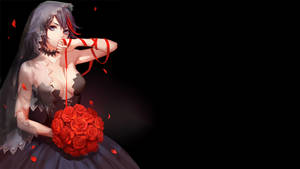 動漫新娘穿著深色婚紗，手持紅玫瑰，花瓣飄落。 — 殺戮魅影 壁紙
