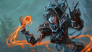 黑暗盔甲的奇幻戰士在迷霧森林中揮舞火焰魔法。 — 電玩遊戲 GIF 壁紙