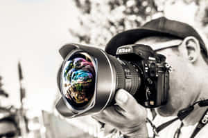 攝影師手持Nikon相機，鏡頭有彩色反射。 — MacBook Pro M4 壁紙