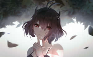 有角、紅眼的動漫女孩在落葉中將手指放在唇邊。 — 黑色五葉草 壁紙