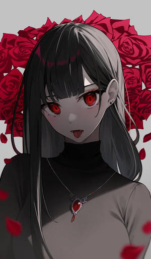動漫女孩，紅色眼睛，身後有玫瑰，戴著紅色吊墜。 — 可愛動漫女孩 壁紙