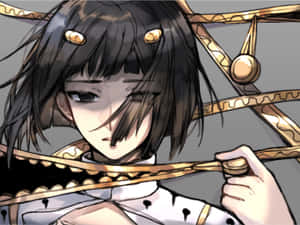 黑髮動漫女孩戴著金色飾品，手持華麗鏈條。 — 薩瓦托雷·菲拉格慕 壁紙