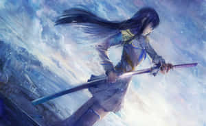 穿著校服的動漫女孩拿著劍在雪天飛翔。 — 桐人 壁紙