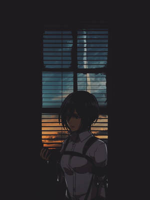 動漫女孩穿著白襯衫，在夕陽下站在有百葉窗的窗邊。 — 進擊的巨人 4K 壁紙