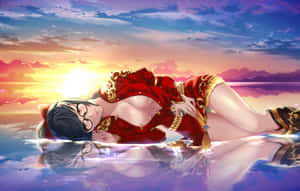 戴眼鏡的動漫女孩在日落時穿著紅色服裝漂浮在水面上 — 電玩遊戲 GIF 壁紙