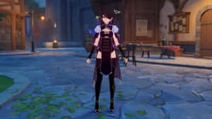 穿著紫色服裝的動漫女孩站在黃昏時分的中世紀城鎮廣場。 — 原神 壁紙