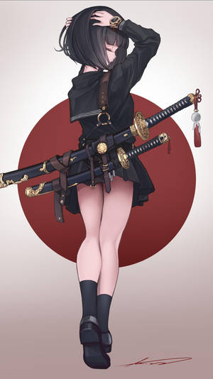 動漫女孩持劍穿黑衣在紅色圓形背景前