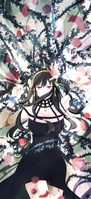 動漫女孩身穿黑色連衣裙，被荊棘和紅色花瓣包圍。 — 比利·哈格羅夫 壁紙