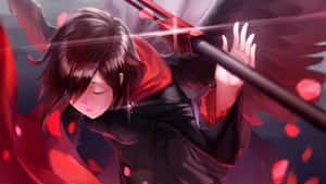 黑髮紅斗篷的動漫女孩，被紅色花瓣環繞，揮舞著發光的劍。 — Rwby 壁紙