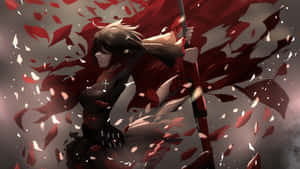 動漫女孩身穿黑色盔甲，在飛舞的紅色花瓣中揮舞紅色長矛。 — Rwby 壁紙