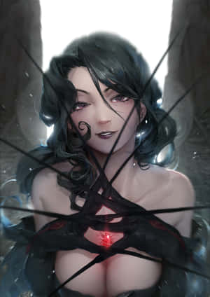 動漫女性在破裂玻璃屏障後帶著發光紅色心臟 — 超自然 壁紙
