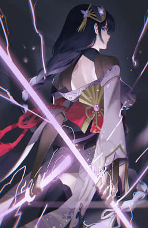 穿著傳統服飾的動漫少女揮舞著發光的紫色閃電。 — POCO Pad 壁紙