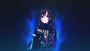 黑髮動漫少女，在黑暗環境中周圍有發光的藍色火焰。 — 寄生獸 壁紙