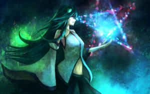 長黑髮動漫少女在神秘的綠色和藍色環境中施放發光的魔法星爆。 — 女巫 壁紙