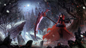 動漫少女穿著紅色斗篷在雪地森林中手持鐮刀，有烏鴉和月光。 — Rwby 壁紙