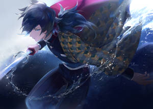 動漫戰士以動態動作和霧氣揮劍劃破水面。 — 水龍 壁紙