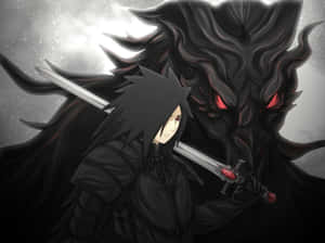動漫戰士持劍面對一個帶有發光紅眼的陰影惡魔。 — 麥地那 高畫質 壁紙